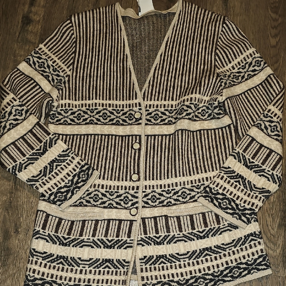 VINTAGE 100% Wool März  Striped Cardigan Geometric Design Women Bohemian